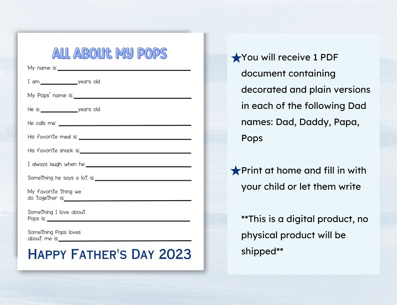 Father's Day Printable Questionnaire Gift for Dad, Daddy, Papa or Pops ...