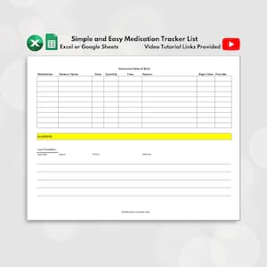 EDITABLE! Medication List, Medication Tracker, Medicine List, Medicine Tracker, Medicine Organizer, Excel, Google Sheets
