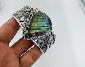 Labradorite Sterling Silver Bangle: Vintage Open Cuff