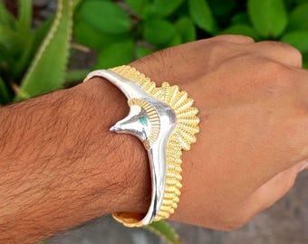Antique Viking Eagle Cuff Bracelet, gold Plated Metalwork Eagle Wing Bangle, Adjustable Chunky Cuff, Men Jewelry, Father's Day Gift