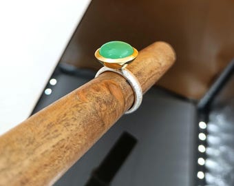 Two Tone Green Chrysoprase Ring, Gold Bezel, Matte Silver Band, Mixed Metal Jewelry