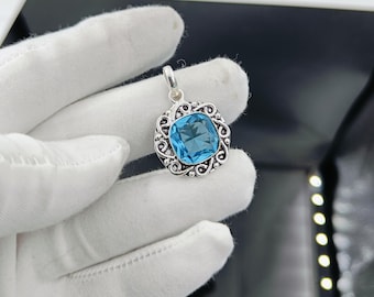 Faceted Blue Topaz Pendant: Handmade 925 Sterling Silver Jewelry