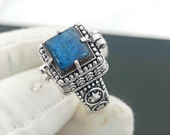 Natural Labradorite Ring, 925 Silver Handmade Poison Ring, Secret Box Ring, Pill Box Ring, Compartment Ring, Locket Ring, Gift For Her