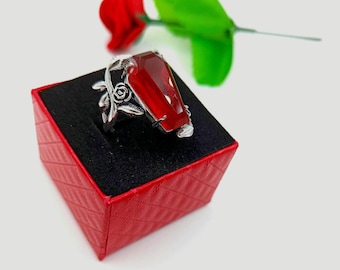 Garnet Coffin Shape Ring, Handmade Ring, Silver Ring, 925 Sterling Silver Ring, Boho Ring, 10X20 mm Gemstone Ring, Coffin Ring, Gift For Her