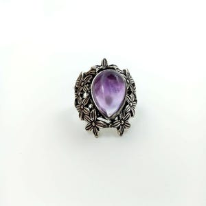 Oxidized Sterling Silver Amethyst Ring: Handmade Floral Design, February Birthstone