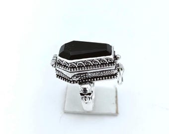 Black Onyx Coffin poison Locket Ring: 925Sterling Silver pill box Skeleton Ring