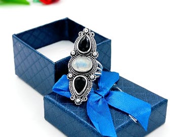 Handmade Moonstone and Black Onyx Ring: Sterling Silver Boho Statement