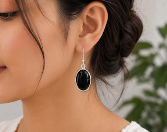 Black Onyx Sterling Silver Earrings: Minimalist Oval Studs