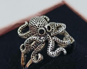 Bague pieuvre en argent sterling, bijoux tentacule Kraken nautique oxydé noir