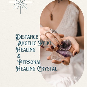 May include: A person's hands holding various crystals, including amethyst and clear quartz. The text "Distance Angelic Reiki & Personal Healing Crystal" is visible in the image.
