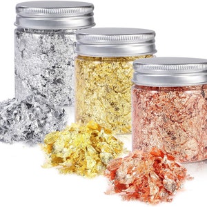 Gold + Silver + Copper Metallic Flakes | Gold Leaf Flake | Metallic Foil Flakes | Metal Flakes | Huge Beautiful Flakes for Art, Decorating,