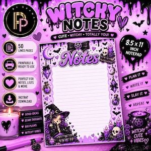 以下が含まれることがあります： Witchy Notesと書かれた紫と黒のメモ帳。8.5 x 11インチ、50本の罫線入りページ。魔女、黒猫、ドクロ、キャンドル、クリスタル、月、コウモリのイラストが描かれた罫線入りの紙シートのデザイン。