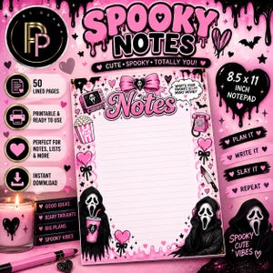 May include: A 21.59 x 27.94 cm notepad with a pink and black theme featuring a ghost-faced figure, popcorn, a telephone, and a knife. The notepad has lined pages and includes the text Spooky Notes, Notes, and What's your favourite scary movie?