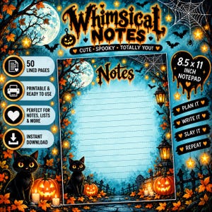 May include: An 8.5 x 11 inch notepad featuring a Halloween-themed design with a full moon, autumn leaves, jack-o'-lanterns, and black cats. The page has lined paper for writing, surrounded by a dark blue and orange border with lanterns.