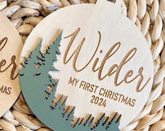 Personalized Baltic Birch Wood Woodland Baby's First Christmas Ornament