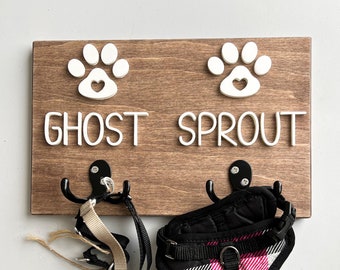 Personalized 2 Dogs Leash Holder, 3D Wooden Dog Leash Hook