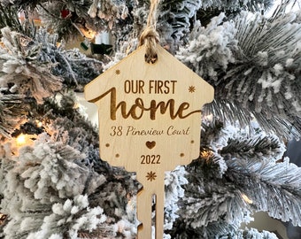 Our First Home Ornament, New Home Ornament, Christmas Key Ornament, Wooden House Christmas Ornament, Christmas Gift, Housewarming Gift