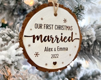 Personalized Our First Christmas Married Ornament, Wood Slice Engraved Keepsake