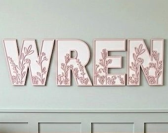 Houten bloemletters wilde bloemen, bloemennaambord, boho kinderkamerdecoratie
