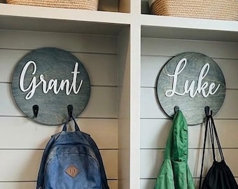 Personalized Round Wooden Backpack and Towel Hooks for Kids