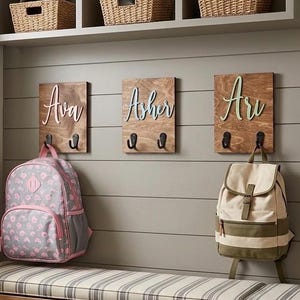 Crochets prénom en bois personnalisés, crochets porte-serviettes pour vestiaires de sac à dos