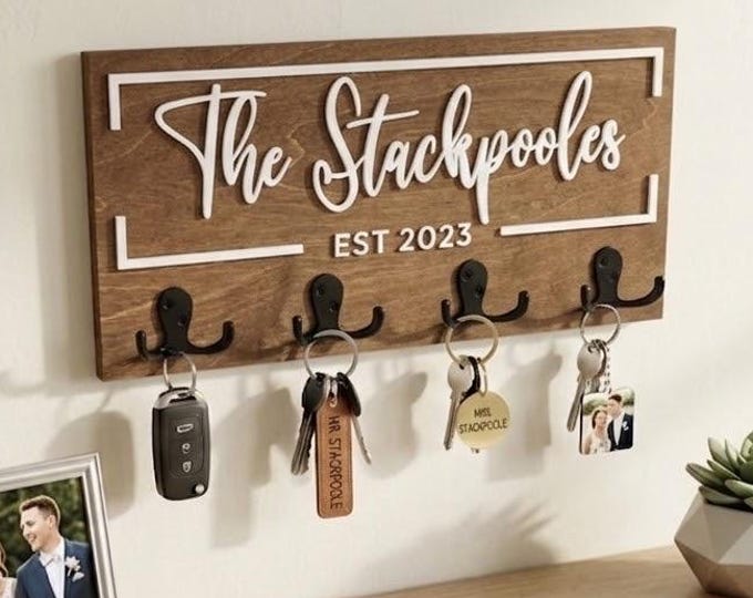Personalized Family Name Key Holder • Birch Wood Entryway Organizer