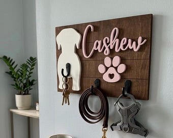 Soporte personalizado 3D para correa de perro, letrero de madera de abedul con el nombre de la mascota