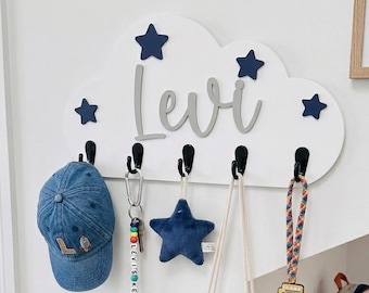 Personalized Cloud Hooks, Wooden Star Nursery Hanger, Kids Room Decor