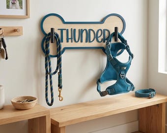 Custom Bone Dog Leash Holder, Personalized Pet Name Sign, Birch Plywood Wall Mount