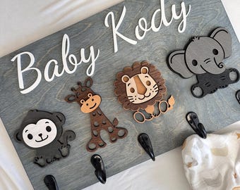 Personalized Safari Animals Wooden Hooks for Kids Bedroom and Nursery