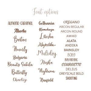 May include: A white background displays a variety of font options in a brown, handwritten style. The text "Font options" is at the top. Font names include "Almond Caramel", "Gethania", "Oregano", and many more.