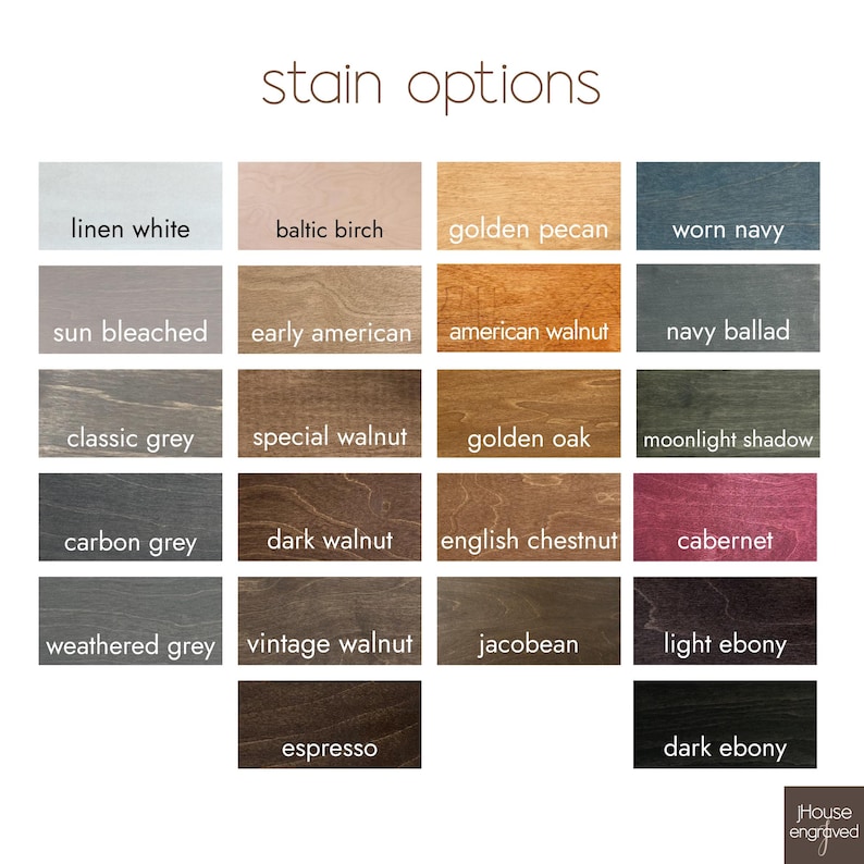 Puede incluir: Una cuadr&iacute;cula de veinti&uacute;n muestras de tinte para madera con los nombres linen white, baltic birch, golden pecan, worn navy, sun bleached, early american, american walnut, navy ballad, classic grey, special walnut, golden oak, moonlight shadow, carbon grey, dark walnut, english chestnut, cabernet, weathered grey, vintage walnut, jacobean, light ebony y espresso, con el texto stain options en la parte superior.
