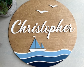Ocean Nursery Name Sign, Wood Waves, Sailboat, Custom Baby Gift
