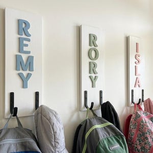 May include: Three vertical white wooden wall plaques with black metal hooks. Each plaque features raised, cutout letters spelling the names REMY in blue, RORY in sage green, and ISLA in light pink, mounted above the hooks.