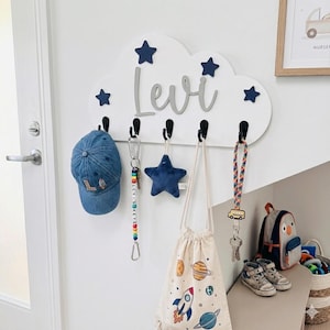Personalized Cloud Hooks, Wooden Star Nursery Hanger, Kids Room Decor