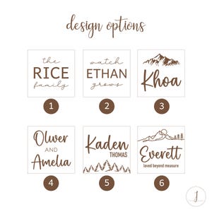 Puede incluir: Una hoja de opciones de dise&ntilde;o gr&aacute;fico con 6 dise&ntilde;os diferentes para impresiones personalizadas. Los dise&ntilde;os incluyen nombres, apellidos y escenas de monta&ntilde;a. Los dise&ntilde;os est&aacute;n numerados del 1 al 6.
