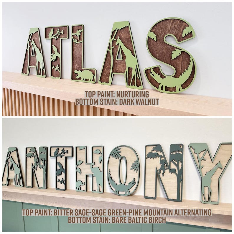 Op de afbeelding: Houten naamuitsparingen in de namen "ATLAS" en "ANTHONY". De letters zijn geverfd met groene verf en donker walnoot of onbewerkt Baltisch berkenhout. De letters hebben dierlijke en natuurlijke uitsparingen.