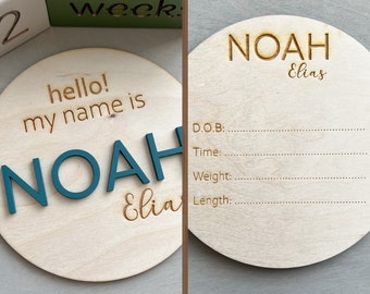 Double Sided Hello My Name is Birth Announcement Sign w Birth Details, Baby Announcement Disc, Baby Name Sign for Hospital, Baby Keepsake
