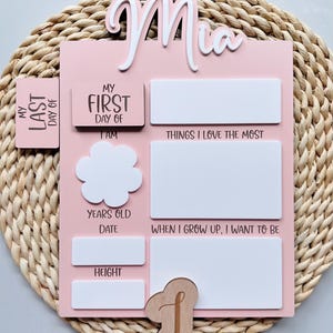 Puede incluir: Un gr&aacute;fico de crecimiento de madera rosa y blanco con el nombre "Mia" en la parte superior. Tiene espacios para rellenar informaci&oacute;n sobre el primer y &uacute;ltimo d&iacute;a del ni&ntilde;o, su edad, su altura y las cosas que le gustan. El gr&aacute;fico est&aacute; sobre una superficie de mimbre tejido.