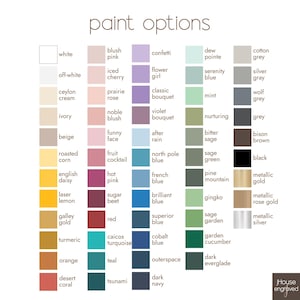 Puede incluir: Una carta de colores titulada paint options que presenta cinco columnas de muestras de color cuadradas con sus nombres correspondientes, incluyendo white, blush pink, confetti, dew pointe, cotton grey, off-white, iced cherry, flower girl, serenity blue y silver gray.