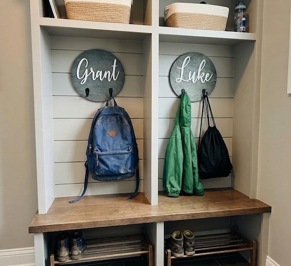 Personalized Round Wooden Backpack and Towel Hooks for Kids
