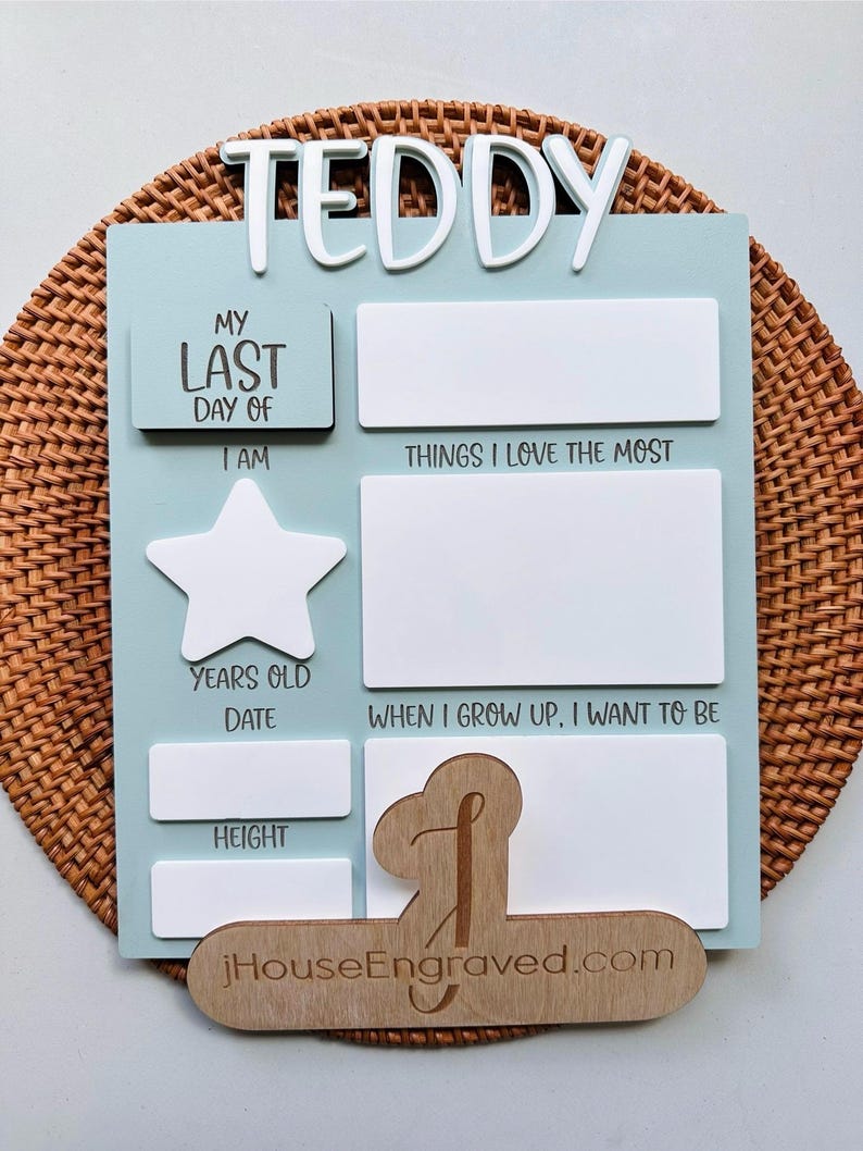 Puede incluir: Un letrero de madera azul claro con letras blancas que dice "My Last Day Of". Hay espacios en blanco para completar informaci&oacute;n sobre la persona, como su edad, altura y lo que quiere ser cuando sea mayor. El letrero tambi&eacute;n tiene una forma de estrella y el texto "Teddy" en la parte superior.
