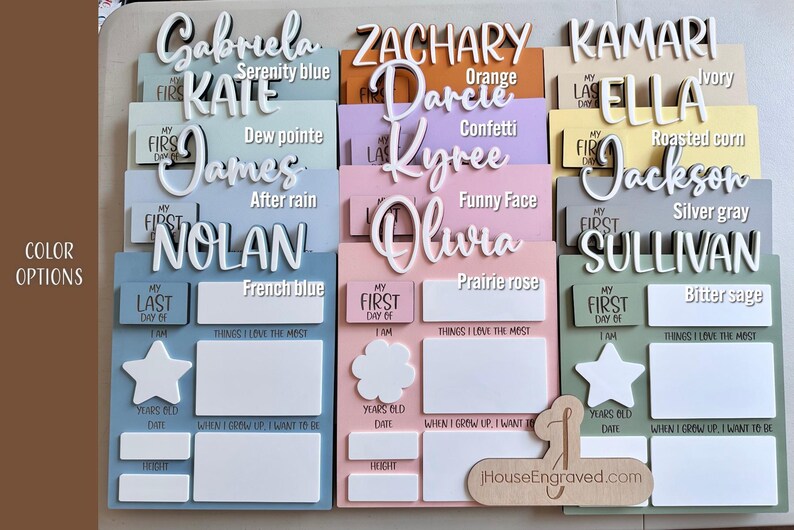 Puede incluir: Un conjunto de 10 placas de madera personalizadas en diferentes colores, cada una con un nombre y secciones para 'Mi primer d&iacute;a de' y 'Mi &uacute;ltimo d&iacute;a de'. Las placas son perfectas para el primer o &uacute;ltimo d&iacute;a de escuela, guarder&iacute;a u otros eventos importantes de un beb&eacute;.