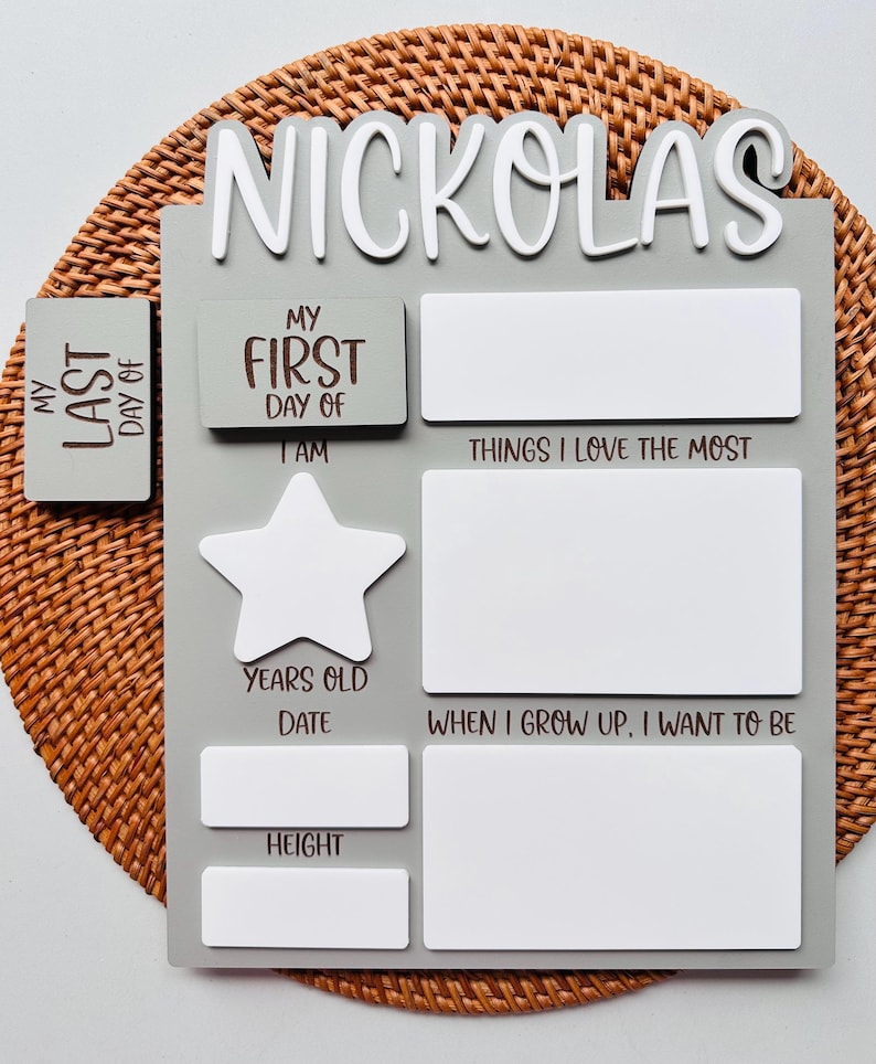 Puede incluir: Un letrero de madera gris y blanco con el nombre "Nickolas" en la parte superior. El letrero tiene espacios para completar informaci&oacute;n sobre la persona, como su edad, altura y lo que quiere ser cuando crezca.