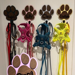 May include: Five wooden paw print hooks with names "Bugsy", "Lily", "Cleo", "Delilah", and "Pippa" are mounted on a white wall. Each hook has a leash and harness hanging from it.