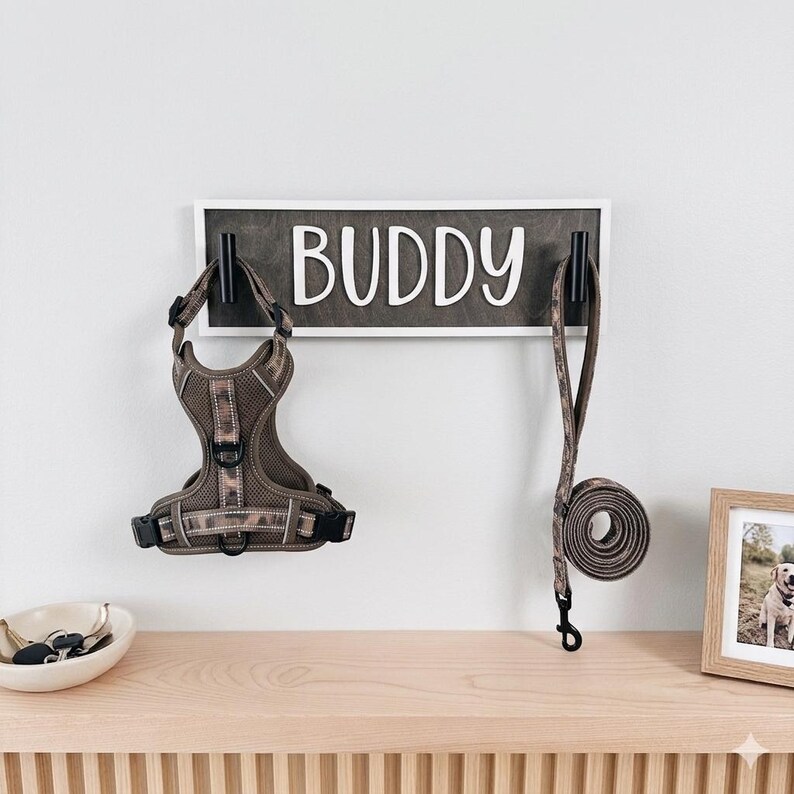 Personalized Dog Leash Holder, 3D Wood Name Sign Hook, Custom Pet Gift image 2