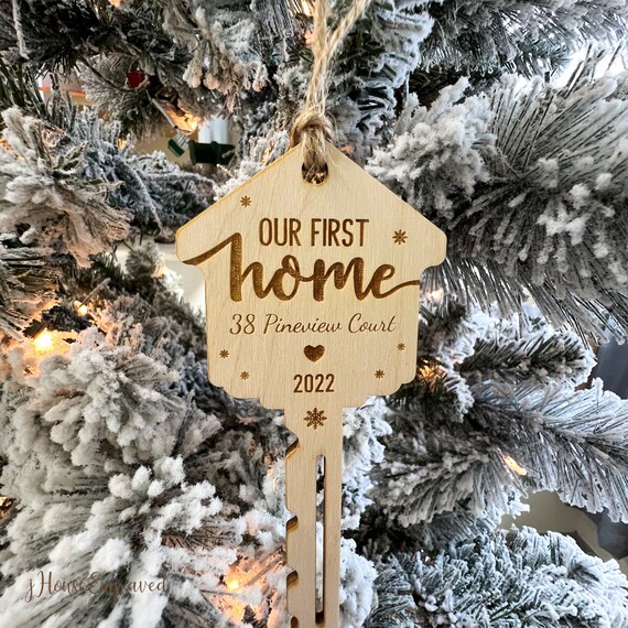 Personalized First Home Christmas Ornament, Laser Engraved Wood Key