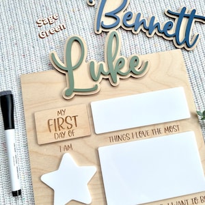 May include: A wooden milestone board featuring laser-engraved text including My First Day Of, I Am, Years Old, Date, Things I Love The Most, and When I Grow Up, I Want To Be. It includes white acrylic inserts for writing and two wooden name cutouts.