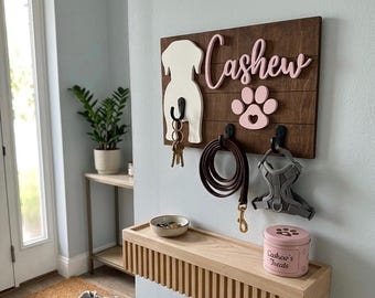 Soporte personalizado 3D para correa de perro, letrero de madera de abedul con el nombre de la mascota