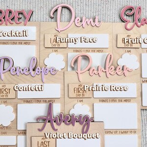 K&ouml;nnte beinhalten: Ein Satz von acht personalisierten Holz-Wachstumstabellen mit rosa, lila und wei&szlig;en Akzenten. Jede Tabelle zeigt den Namen eines Kindes, ein einzigartiges Thema und Platz zum Aufzeichnen von Meilensteinen wie Gr&ouml;&szlig;e, Alter und Lieblingsdingen.
